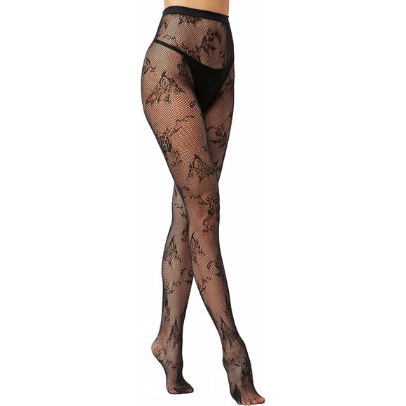 Women's Black Fishnet Tights with Floral Pattern Elegant and Comfortable - Picture 2 of 5